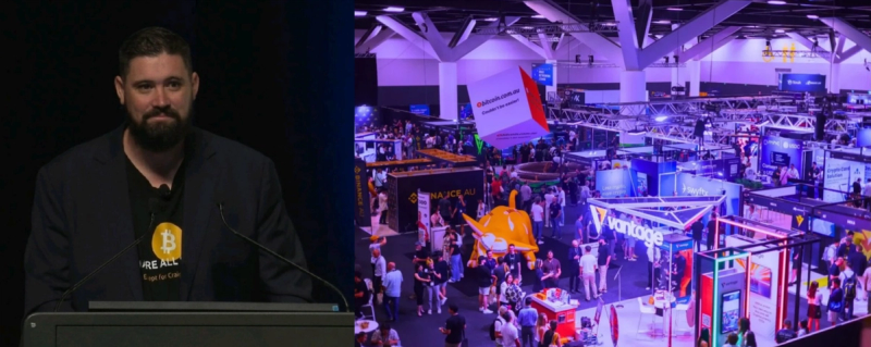 David Haslop speaking at a lectern, and the exhibition floor of the Australian Crypto Convention seen from above