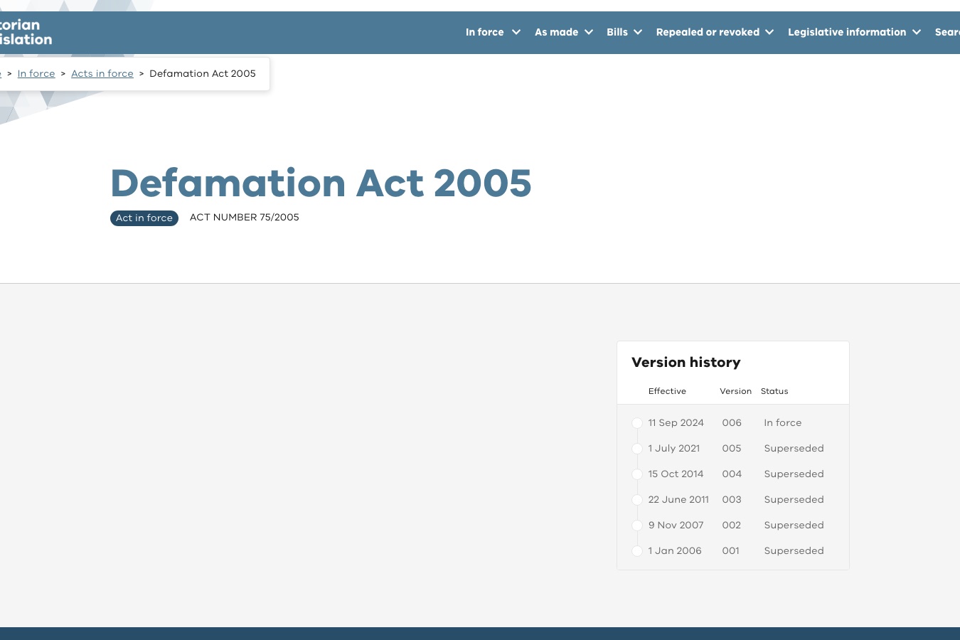 The Victorian legislation register page for the Defamation Act 2005, marked Act in force, with its version history